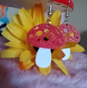 Whimsical Red Mushroom Earrings with Yellow Flower